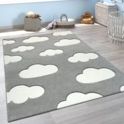 Paco Home Tapis Chambre Enfant Adorable Couleurs Pastel Motif Nuages Poils Ras E... -Magasin Joss & Main kinderteppich kinderzimmer teppich rosa grau weiss wolken maedchen jungen spielzimmer 1