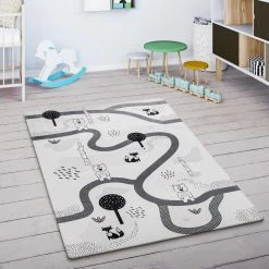 Paco Home Tapis Enfant Tapis Chambre Enfant Motif Animal Arbre Rue Blanc Gris