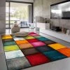 Paco Home Tapis Salon Chambre Poils Ras Abstrait Geometrique Carreaux Gris Jaune...