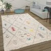 Paco Home Tapis Poils Longs Shaggy Salon Scandinave Motif Diamant Beige Bleu Rou...